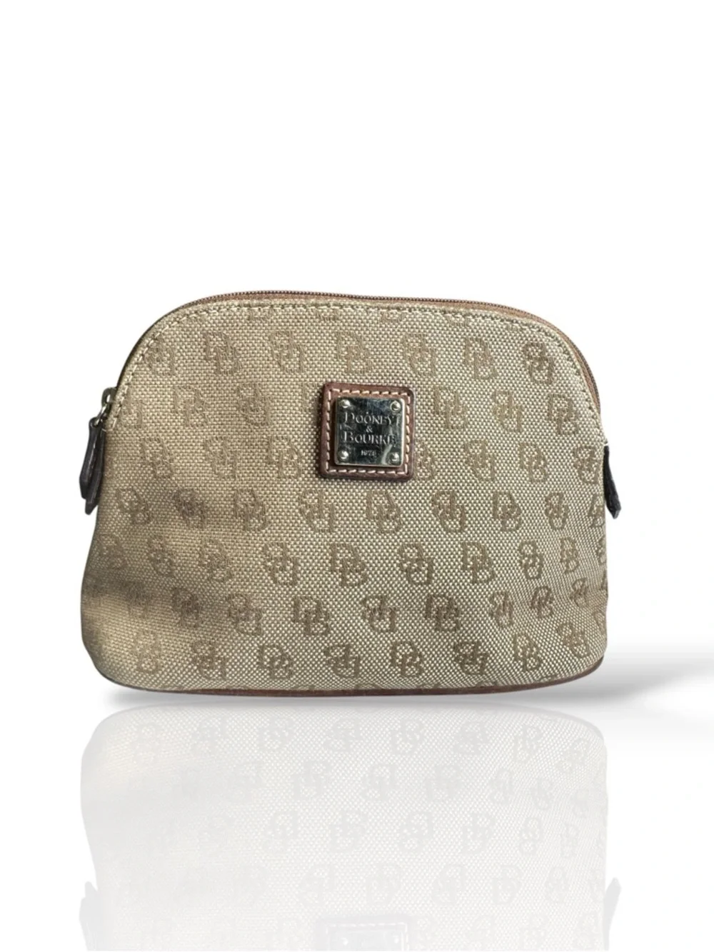 Dooney & Bourke Beige Logo Cosmetic Pouch with Leather Trim